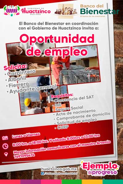 Oportunidad de empleo en San Juan Huactzinco