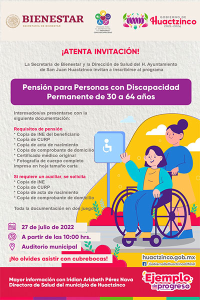 Incripción al programa Pensión para Personas con Discapacidad Permanente de 30 a 64 años