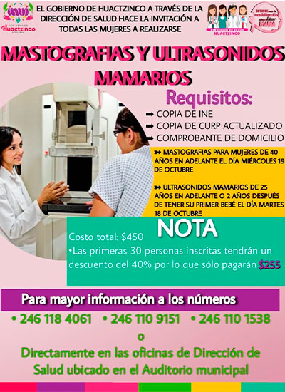 Salud de Huactzinco invita a realizarse mastografías y ultrasonidos mamarios