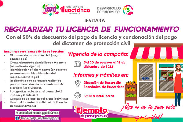 Campaña de regulacización de licencia de funcionamiento con descuento del 50 por ciento en Huactzinco
