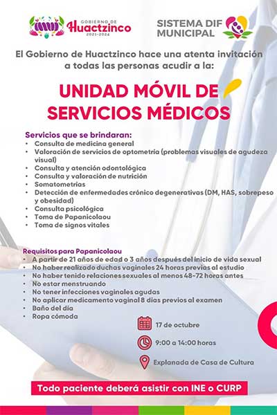 Gobierno de Huactzinco invita a la población a acudir a la Unidad de Servicios Médicos