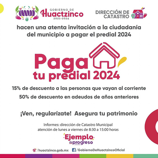 Campaña Paga tu Predial 2024 en Huactzinco con descuento