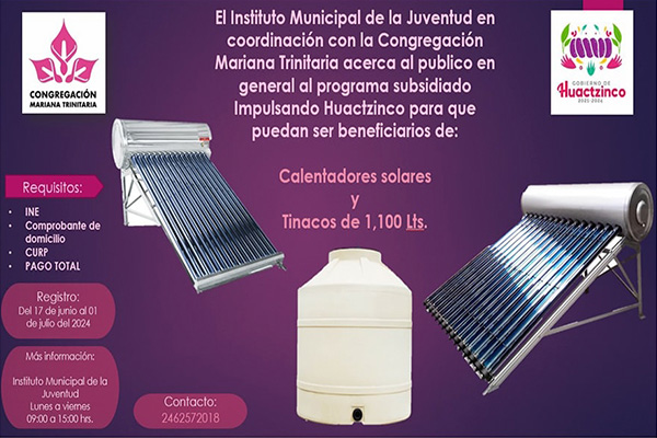 Programa subsidiado de calentadores solares y tinacos Congregación Mariana Trinitaria en Huactzinco